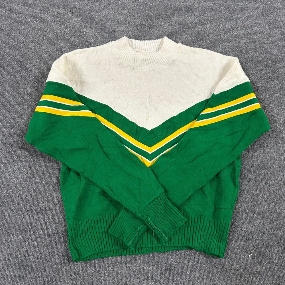 Cheerleader Sweater Womens Size L Green White Yellow Chevron Knit USA Made Stain